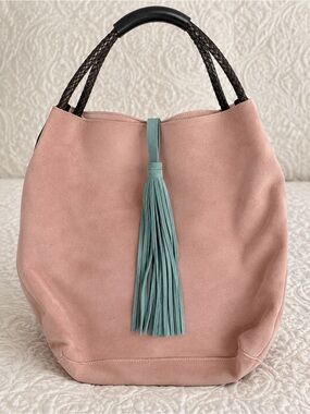Uno Alla Volta Italian Suede Bucket/Hobo Handbag Blush Pink w/ Turquoise Tassel
